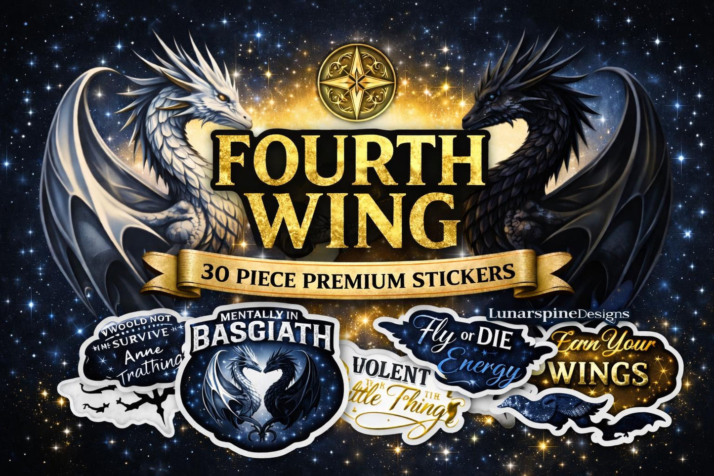 20 ASSORTED Fourth Wing Stickers – Basgiath Dragon War College Fantasy Decals
