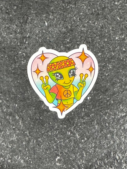 Retro Alien Peace Sign Sticker | Y2K UFO Art Vinyl Decal