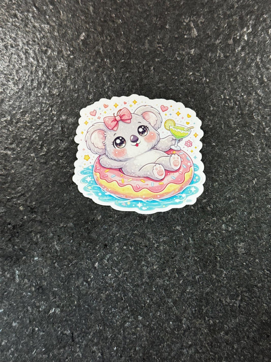 Kawaii Koala Pool Float Sticker | Pastel Donut Drink Decal | Summer Vibes Water Bottle