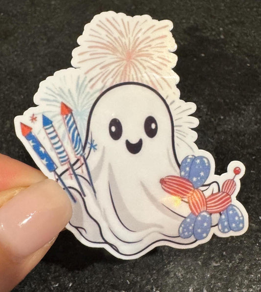 Cute 4th of July Ghost Sticker | Patriotic Ghost with Fireworks | Summer Holiday Sticker | Red White Blue Aesthetic | Waterproof Laptop Stic