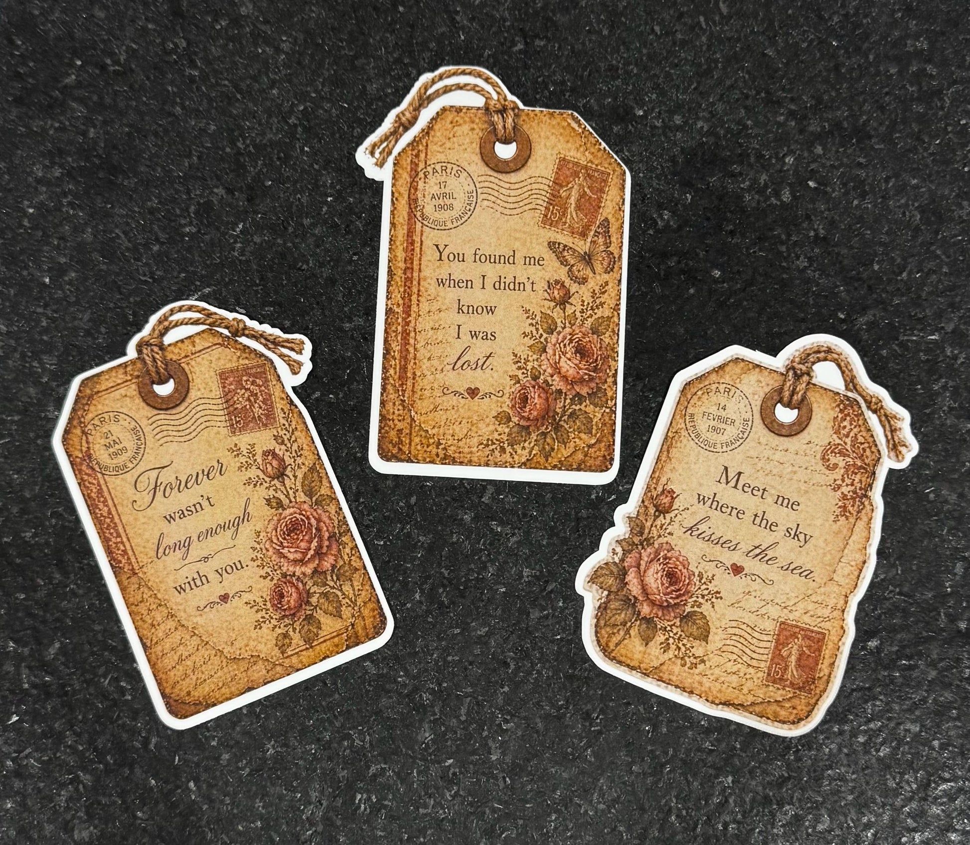 Vintage Luggage Tag Stickers | Romantic Love Quotes, Floral Ephemera for Journals